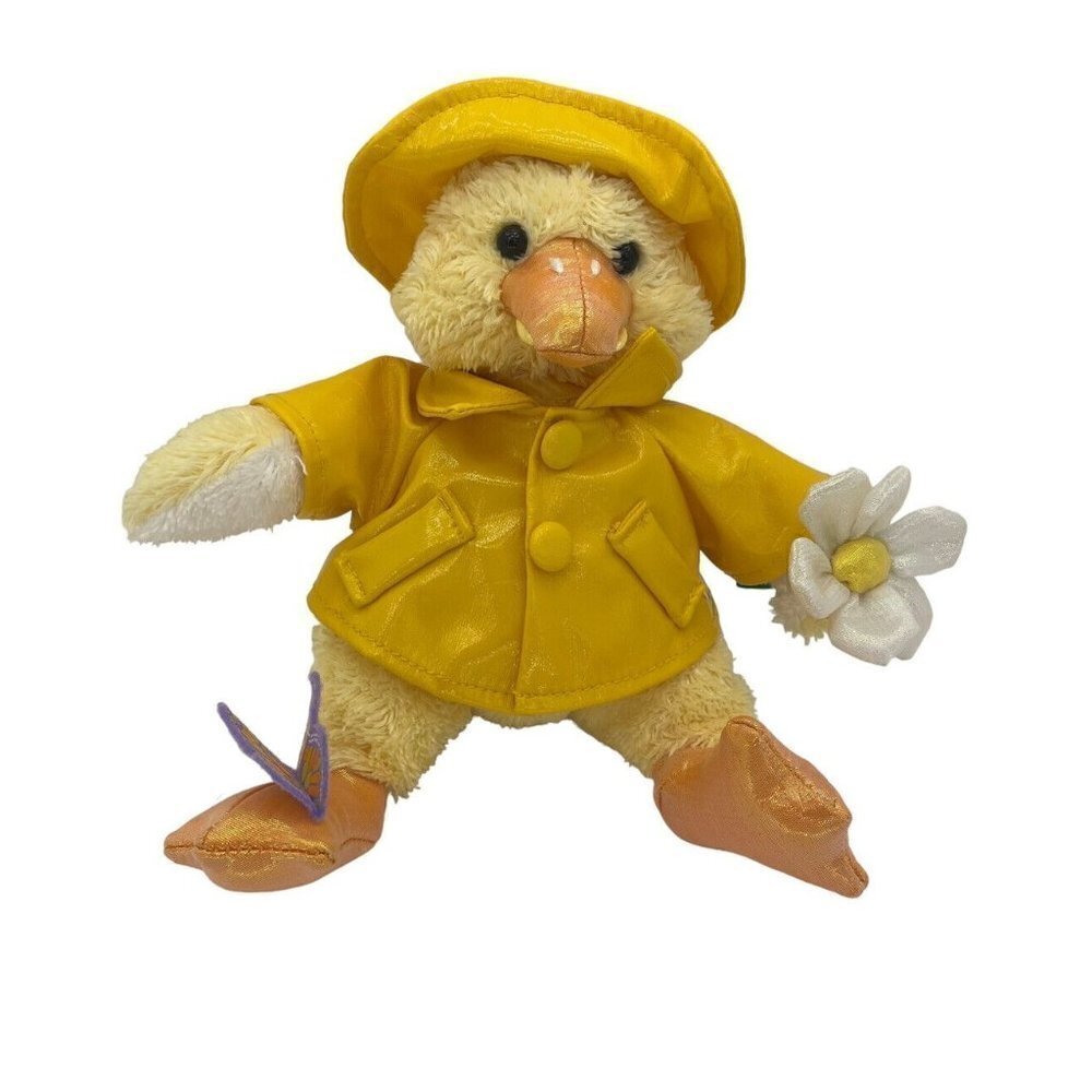 Vtg Commonwealth Yellow Duck Plush In Raincoat And Hat 2002 7” Butterfly Flower